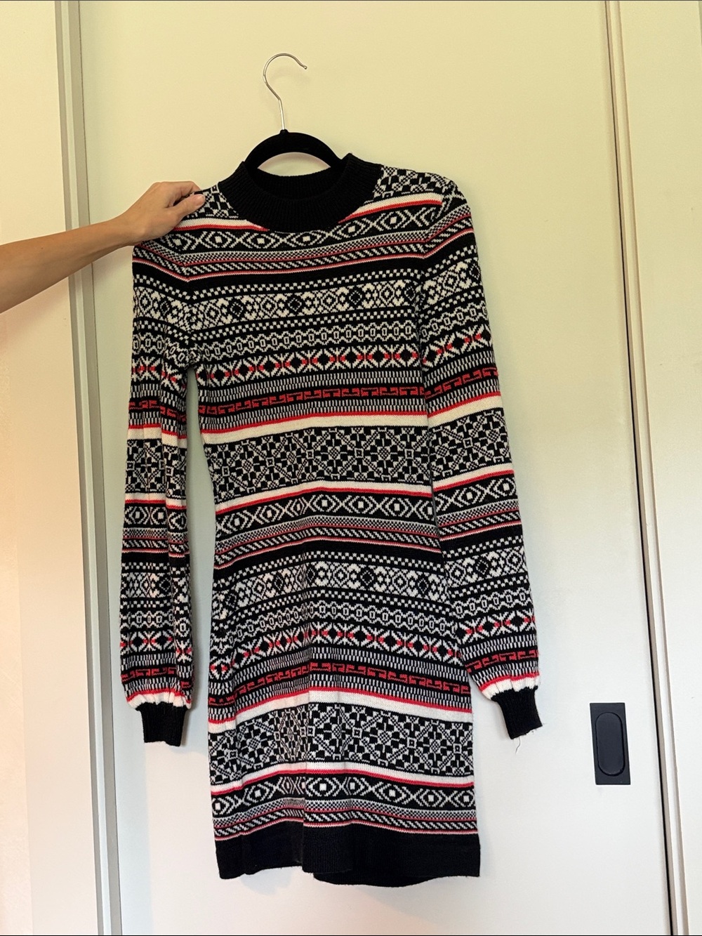 Free People Black, White & Red Fair Isle Sweater Mini Dress